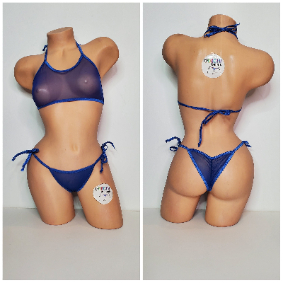 Blue Mesh (Semi Sheer) w/ Your Choice Trim Color  Micro String Bikini Set One Size-4