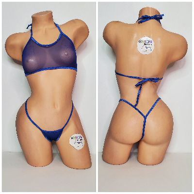 Blue Mesh (Semi Sheer) w/ Your Choice Trim Color  Micro String Bikini Set One Size-5