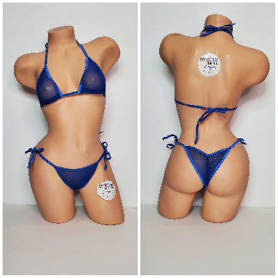 Blue Mesh (Semi Sheer) w/ Your Choice Trim Color  Micro String Bikini Set One Size-6