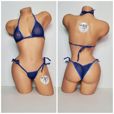 Blue Mesh (Semi Sheer) w/ Your Choice Trim Color  Micro String Bikini Set One Size-7