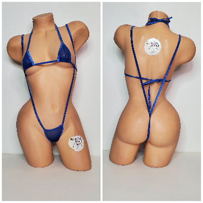 Blue Mesh (Semi Sheer) w/ Your Choice Trim Color  Micro String Bikini Set One Size-11