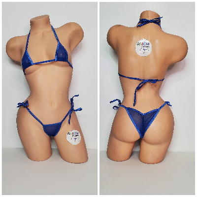 Blue Mesh (Semi Sheer) w/ Your Choice Trim Color  Micro String Bikini Set One Size-13