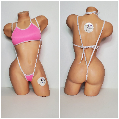 Carnation Pink w/ White Trim 2 Piece Micro Bikini Set-1