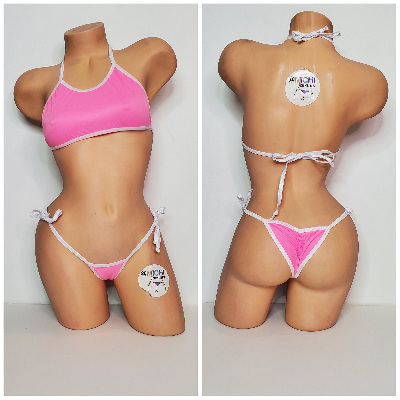 Carnation Pink w/ White Trim 2 Piece Micro Bikini Set-2