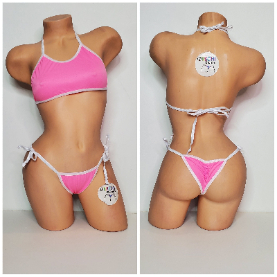 Carnation Pink w/ White Trim 2 Piece Micro Bikini Set-3