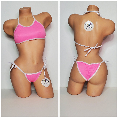 Carnation Pink w/ White Trim 2 Piece Micro Bikini Set-4