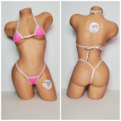 Carnation Pink w/ White Trim 2 Piece Micro Bikini Set-7