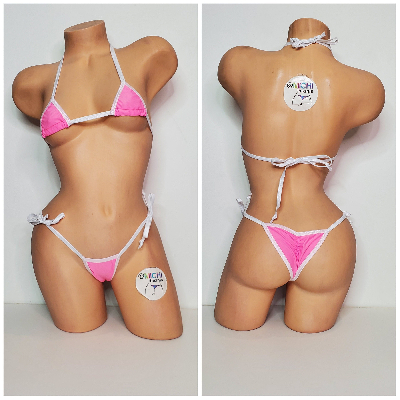 Carnation Pink w/ White Trim 2 Piece Micro Bikini Set-8
