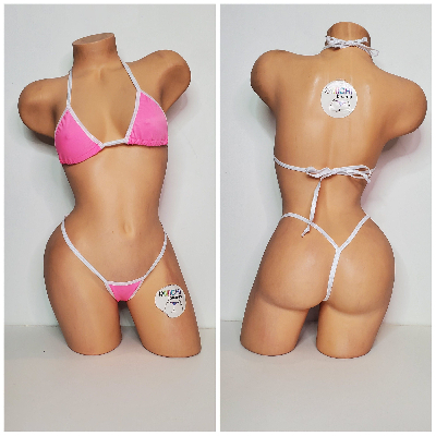 Carnation Pink w/ White Trim 2 Piece Micro Bikini Set-9
