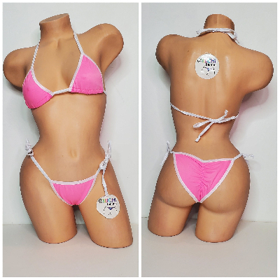 Carnation Pink w/ White Trim 2 Piece Micro Bikini Set-10