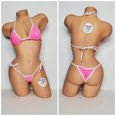 Carnation Pink w/ White Trim 2 Piece Micro Bikini Set-11