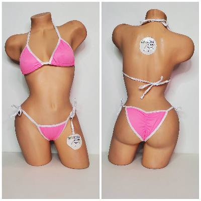 Carnation Pink w/ White Trim 2 Piece Micro Bikini Set-12