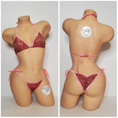 Glittery Rose Pink with Baby Pink Trim 2 Piece Micro String Bikini Set One Size-2