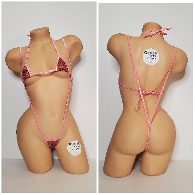 Glittery Rose Pink with Baby Pink Trim 2 Piece Micro String Bikini Set One Size-4