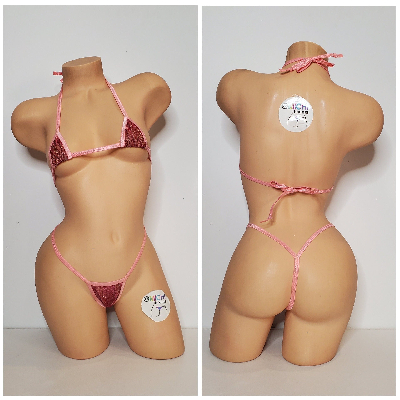 Glittery Rose Pink with Baby Pink Trim 2 Piece Micro String Bikini Set One Size-5