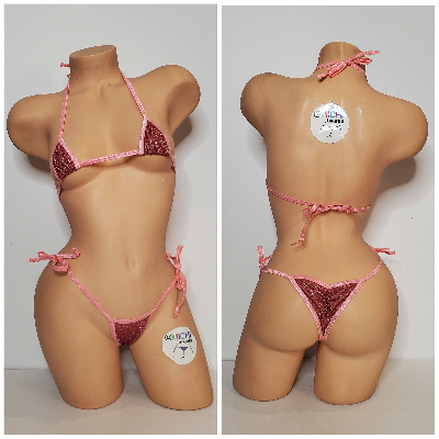 Glittery Rose Pink with Baby Pink Trim 2 Piece Micro String Bikini Set One Size-6