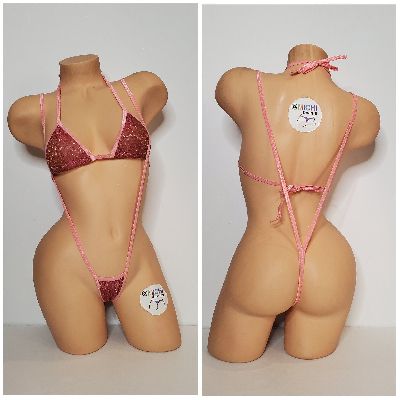 Glittery Rose Pink with Baby Pink Trim 2 Piece Micro String Bikini Set One Size-7