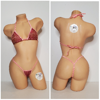 Glittery Rose Pink with Baby Pink Trim 2 Piece Micro String Bikini Set One Size-8