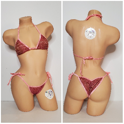 Glittery Rose Pink with Baby Pink Trim 2 Piece Micro String Bikini Set One Size-9
