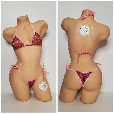 Glittery Rose Pink with Baby Pink Trim 2 Piece Micro String Bikini Set One Size-10