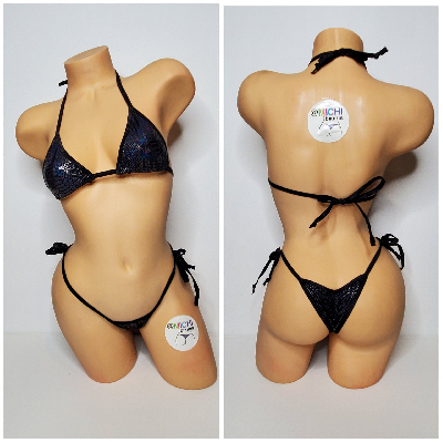 Black Snake Skin Pattern w Black Trim  2 Piece Micro String Bikini Set One Size-1