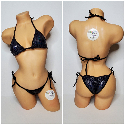 Black Snake Skin Pattern w Black Trim  2 Piece Micro String Bikini Set One Size-3