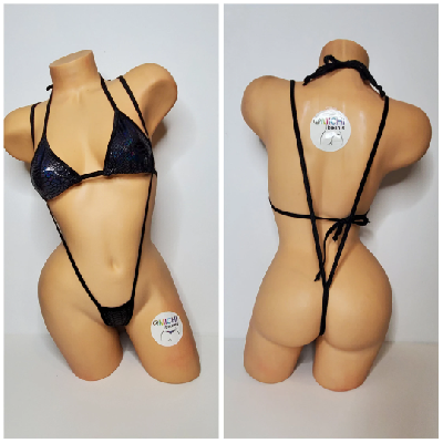 Black Snake Skin Pattern w Black Trim  2 Piece Micro String Bikini Set One Size-4