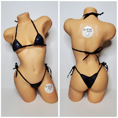 Black Snake Skin Pattern w Black Trim  2 Piece Micro String Bikini Set One Size-5