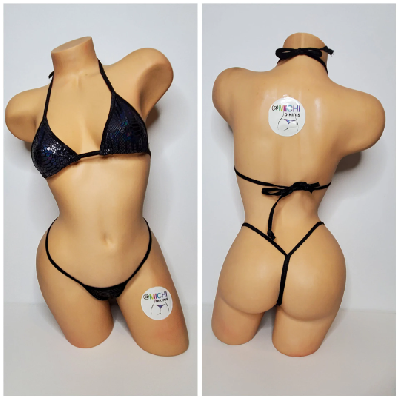 Black Snake Skin Pattern w Black Trim  2 Piece Micro String Bikini Set One Size-6