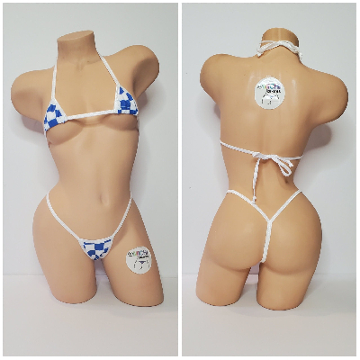 Blue & White Big Checker with Your Choice Trim Color 2 Piece Micro Bikini Set One Size-0