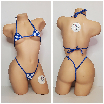 Blue & White Big Checker with Your Choice Trim Color 2 Piece Micro Bikini Set One Size-1