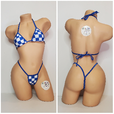Blue & White Big Checker with Your Choice Trim Color 2 Piece Micro Bikini Set One Size-4