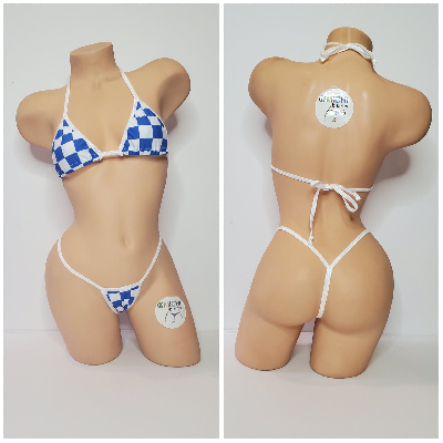 Blue & White Big Checker with Your Choice Trim Color 2 Piece Micro Bikini Set One Size-5