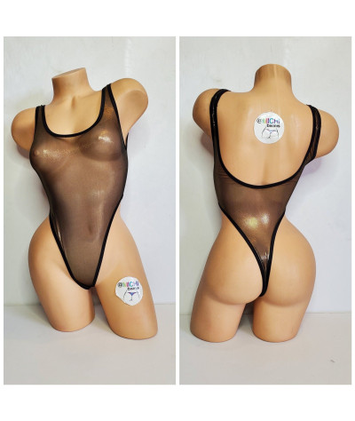 Black with Gold Shimmer Mesh with Black Trim ***VERY SHEER*** 1 Piece Bodysuit Size SMALL