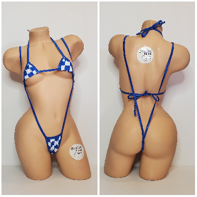 Blue & White Big Checker with Your Choice Trim Color 2 Piece Micro Bikini Set One Size-6