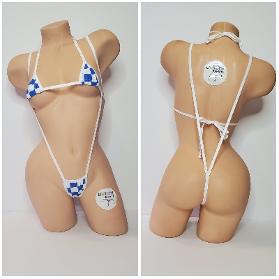 Blue & White Big Checker with Your Choice Trim Color 2 Piece Micro Bikini Set One Size-7