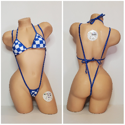 Blue & White Big Checker with Your Choice Trim Color 2 Piece Micro Bikini Set One Size-8