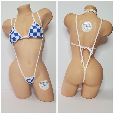 Blue & White Big Checker with Your Choice Trim Color 2 Piece Micro Bikini Set One Size-9