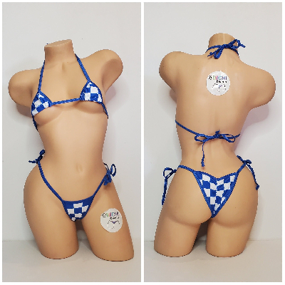 Blue & White Big Checker with Your Choice Trim Color 2 Piece Micro Bikini Set One Size-10