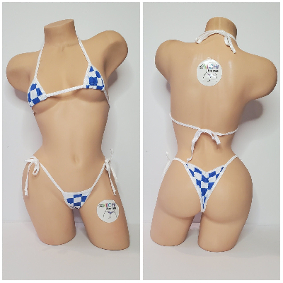 Blue & White Big Checker with Your Choice Trim Color 2 Piece Micro Bikini Set One Size-11