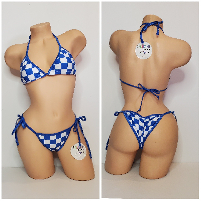 Blue & White Big Checker with Your Choice Trim Color 2 Piece Micro Bikini Set One Size-12