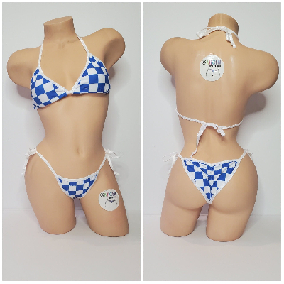 Blue & White Big Checker with Your Choice Trim Color 2 Piece Micro Bikini Set One Size-13