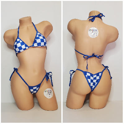 Blue & White Big Checker with Your Choice Trim Color 2 Piece Micro Bikini Set One Size-14