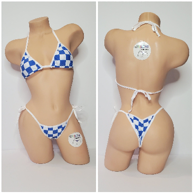 Blue & White Big Checker with Your Choice Trim Color 2 Piece Micro Bikini Set One Size-15