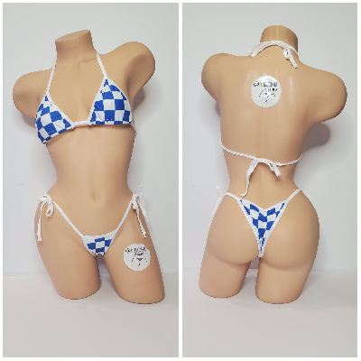 Blue & White Big Checker with Your Choice Trim Color 2 Piece Micro Bikini Set One Size-16