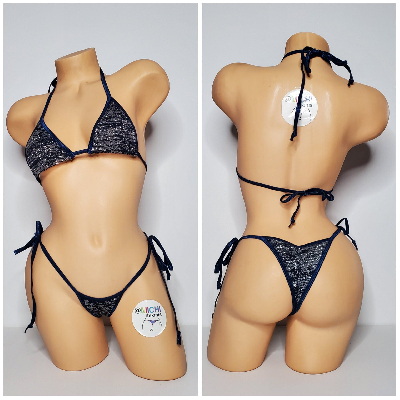 1 of a KIND LIMITED EDITION Navy w/ Silver Glitter w Navy Trim Medium Coverage Top Scrunch Butt Bottoms String Bikini Set One