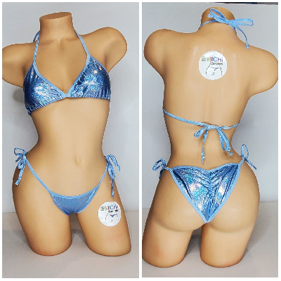 Holographic Baby Blue with Your Choice Trim Color 2pc Bikini Set One Size-0