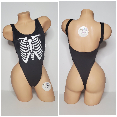 Black with White Ribcage Skeleton Design with Black Trim 1 Piece Bodysuit Size SMALL