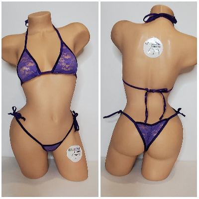 Purple Lace *Semi Sheer* with Purple Trim 2pc Bikini Set-0