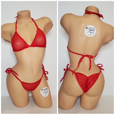 Red Mesh *Semi Sheer* with Red Trim 2pc Bikini Set One Size-0